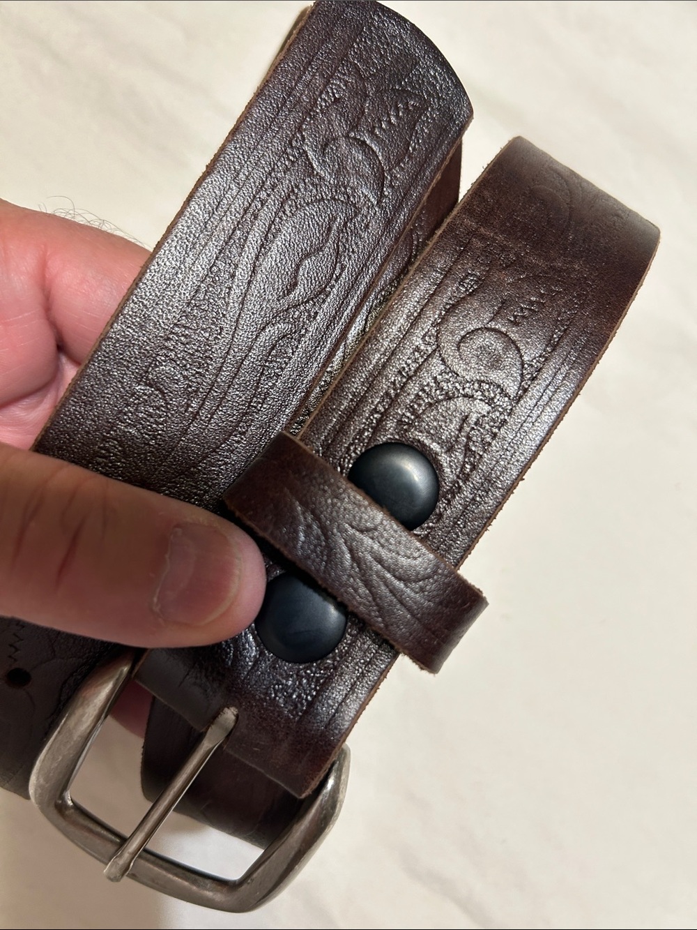 Men's Dark Brown Embossed Leather Belt with Brushed Buckle